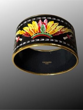 Hermes Black Enamel Cuff Bracelet with Yellow, Red and Green Feather Motif